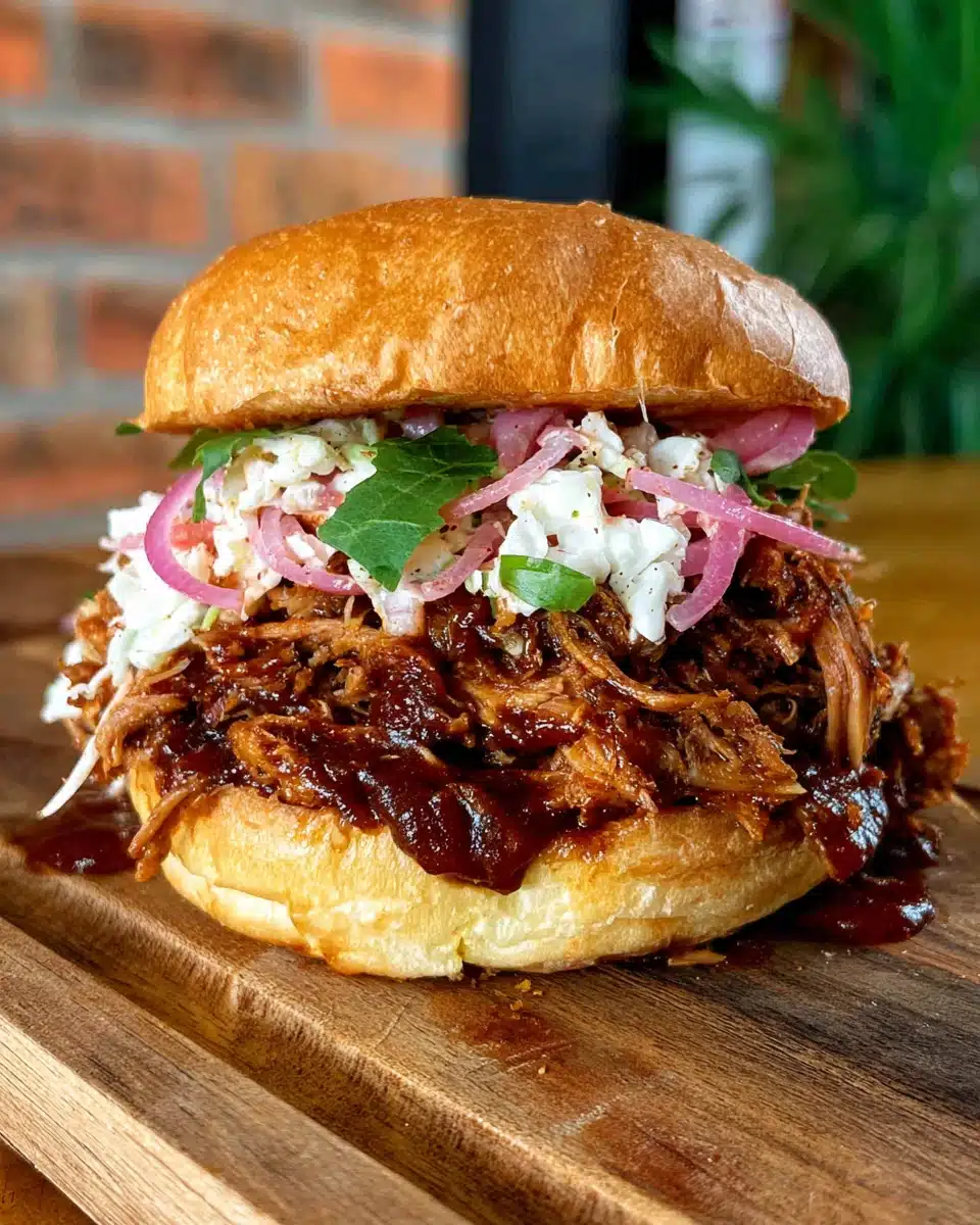 Classic smoked pulled pork sandwich with coleslaw and onions on a brioche bun