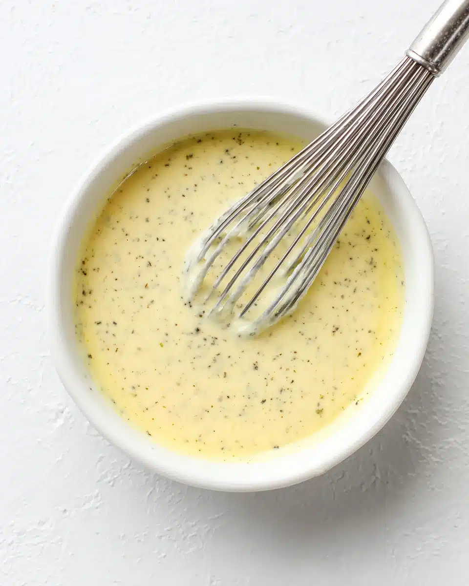 Creamy Coleslaw Salad Dressing Recipe Creamy coleslaw salad dressing in a white bowl with whisk