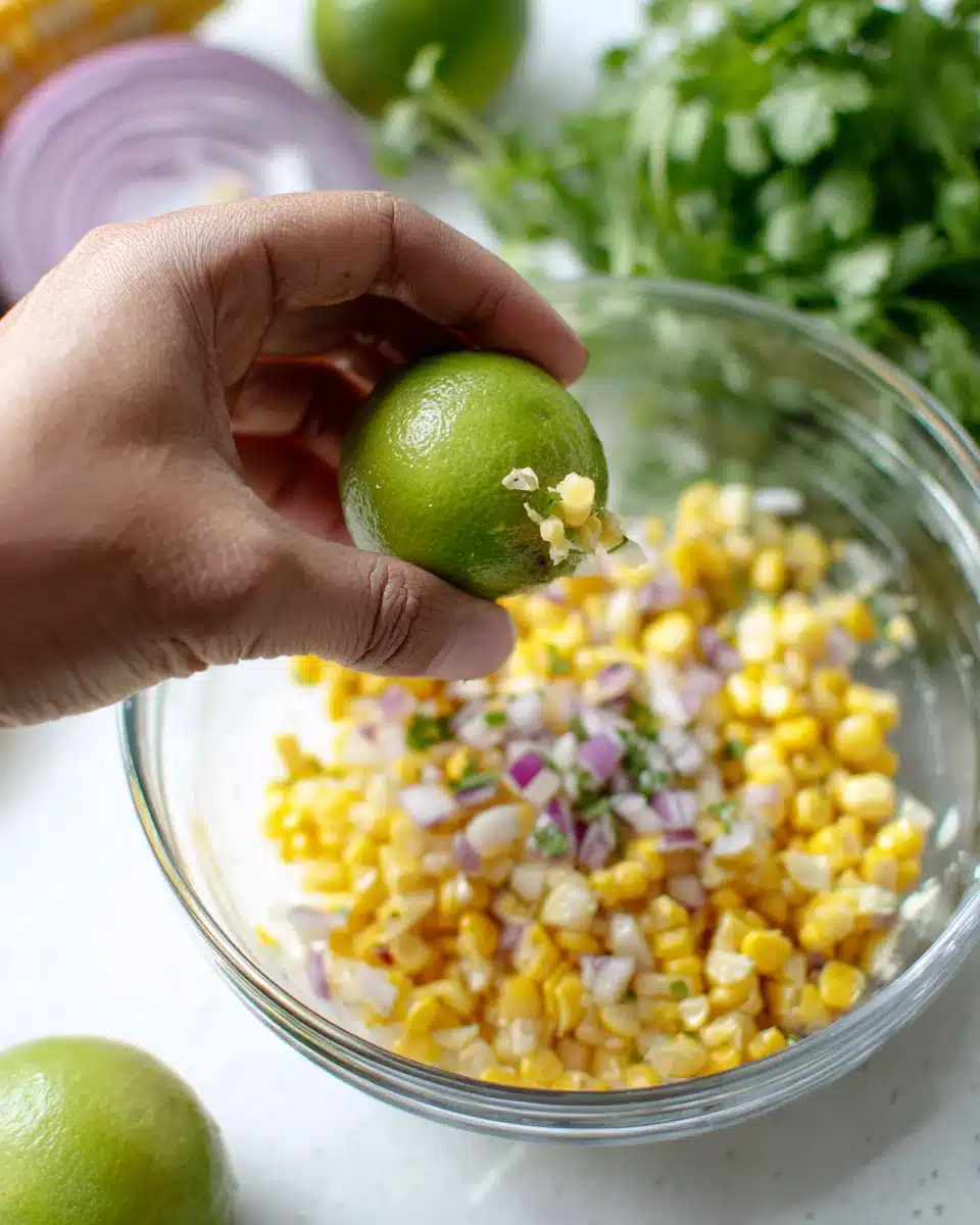 Hand squeezing lime over copycat Chipotle corn salsa with corn, onions, and cilantro