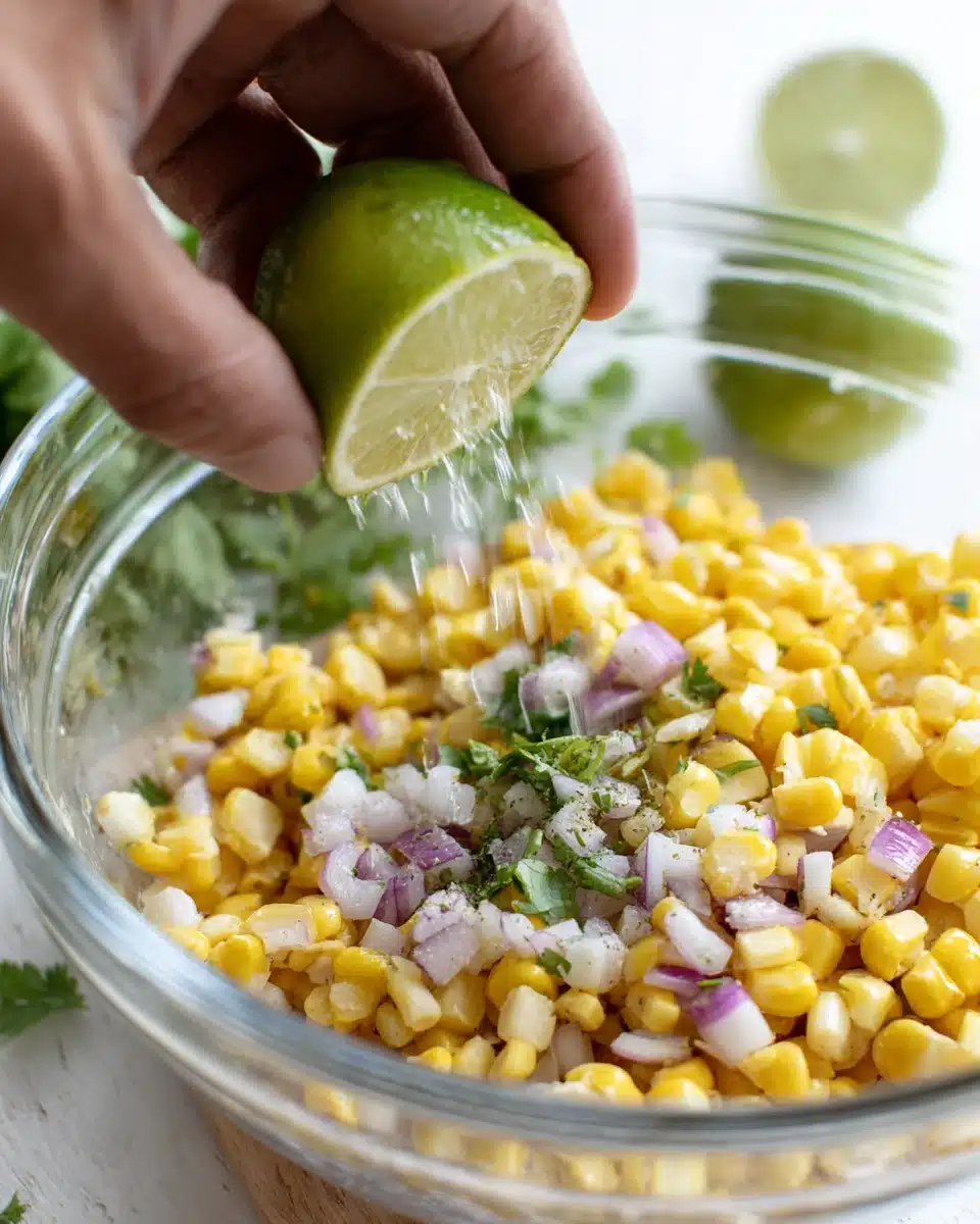 Hand squeezing lime over copycat Chipotle corn salsa with fresh corn, onions, and cilantro
