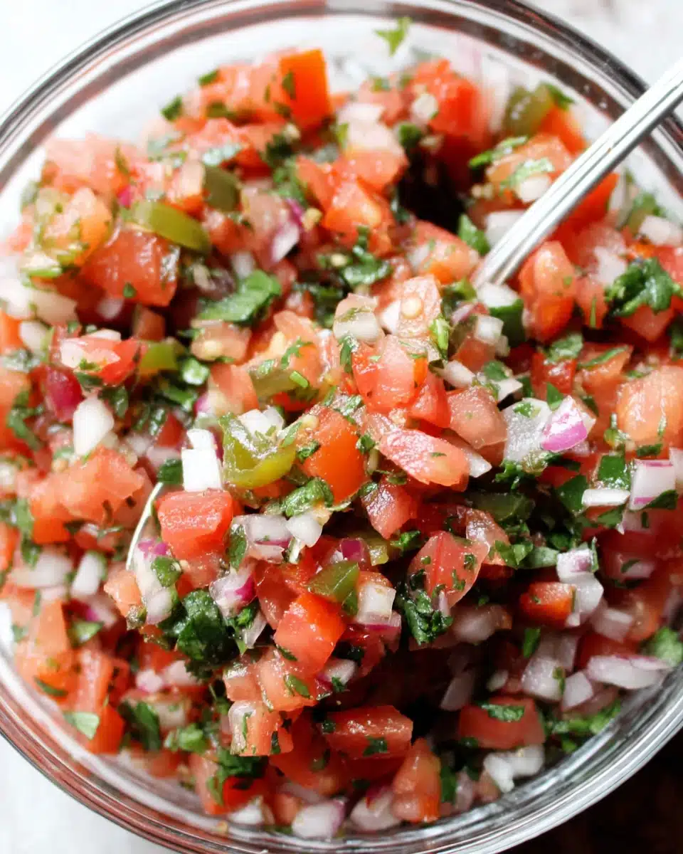 Copycat Chipotle pico de gallo in a glass bowl with fresh tomatoes, onions, and cilantro