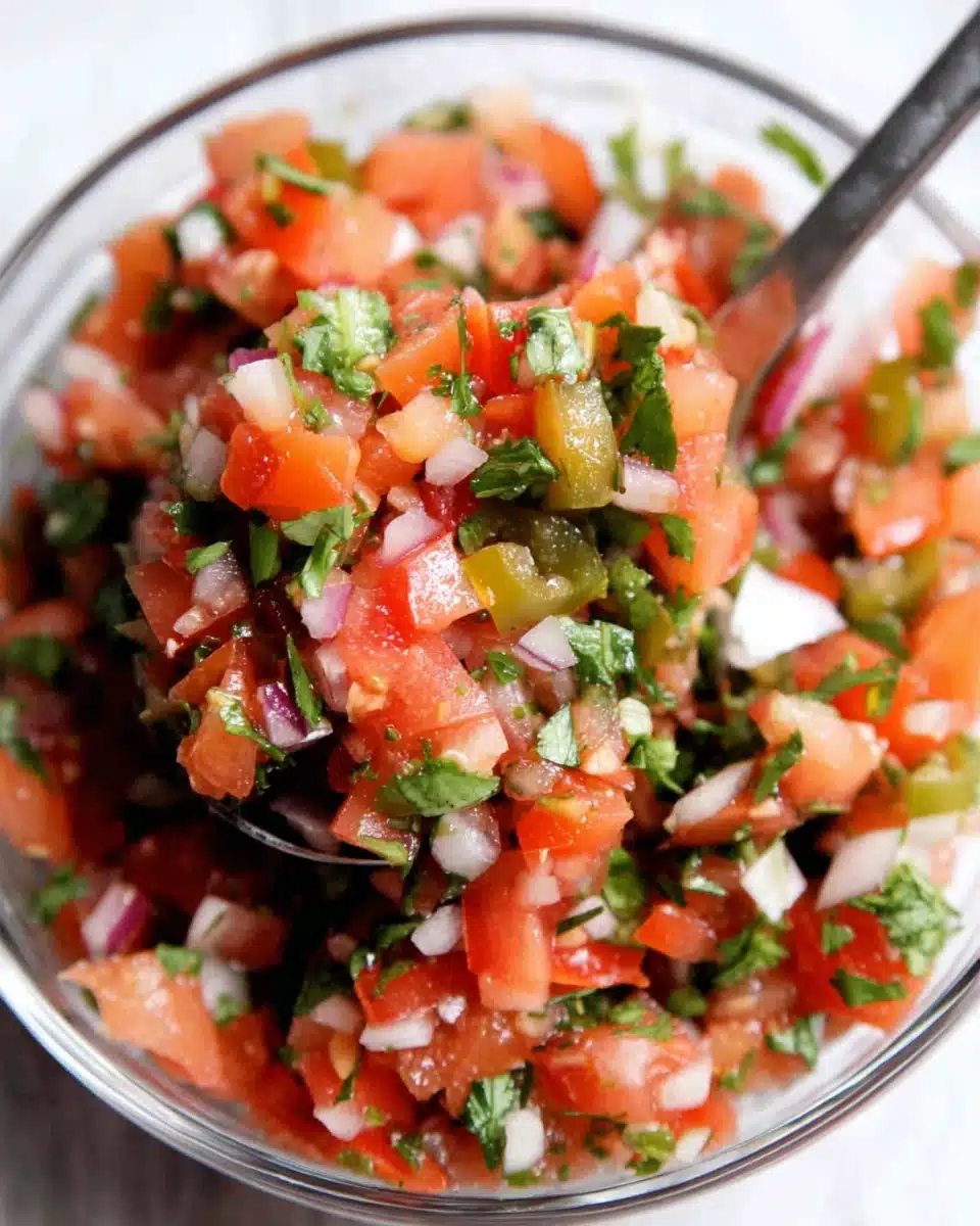 Copycat Chipotle pico de gallo in a glass bowl with fresh tomatoes, onions, cilantro, and jalapenos