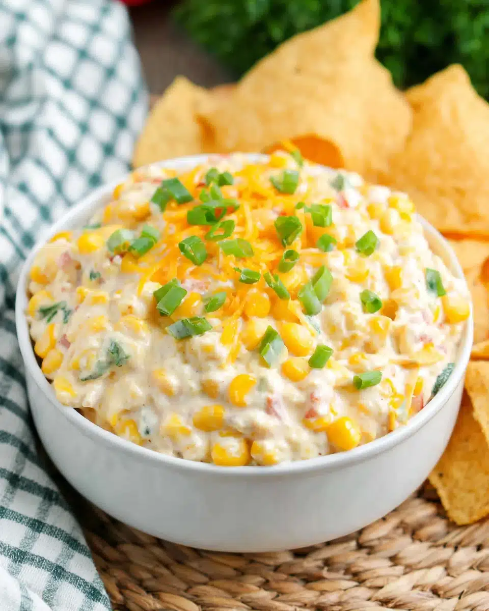 Creamy corn dip with green onions and cheese in a white bowl