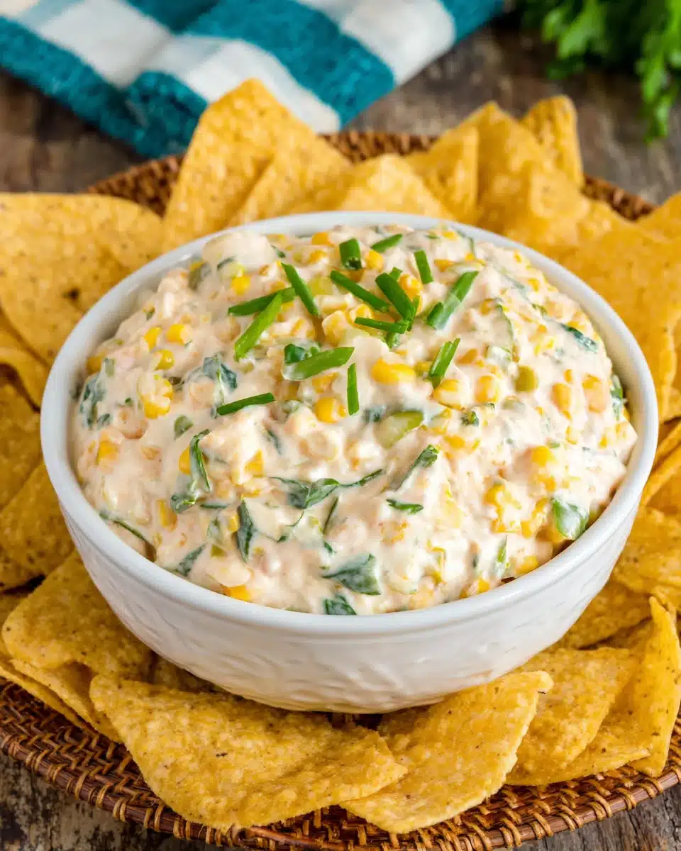 Creamy corn dip with green onions and cheese, served with tortilla chips