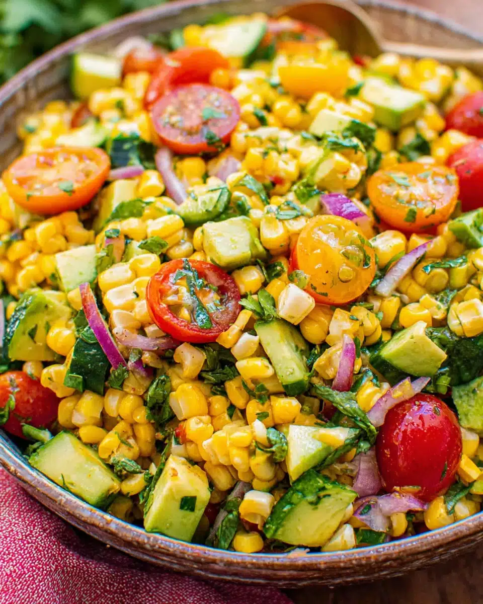Fresh corn salad with grilled corn, avocado, tomatoes, and herbs in a bowl