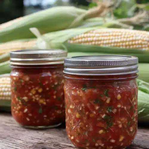 Canned corn salsa in glass jars with fresh corn in background