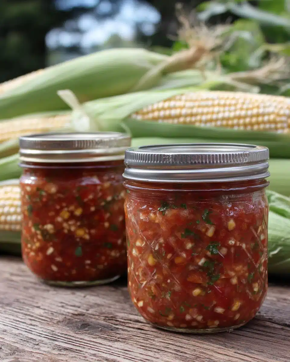 Canned corn salsa in glass jars with fresh corn in background