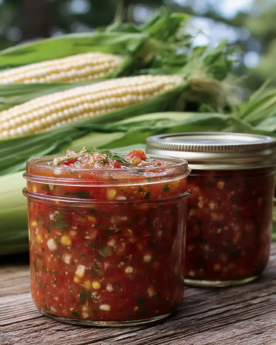 Canned corn salsa in glass jars with fresh corn in background