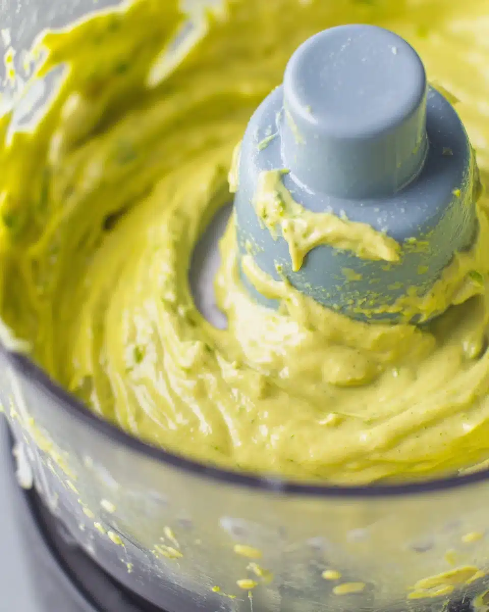 Creamy avocado dip in a food processor, smooth texture, fresh ingredients