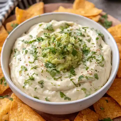 Creamy avocado yogurt dip with cilantro and tortilla chips