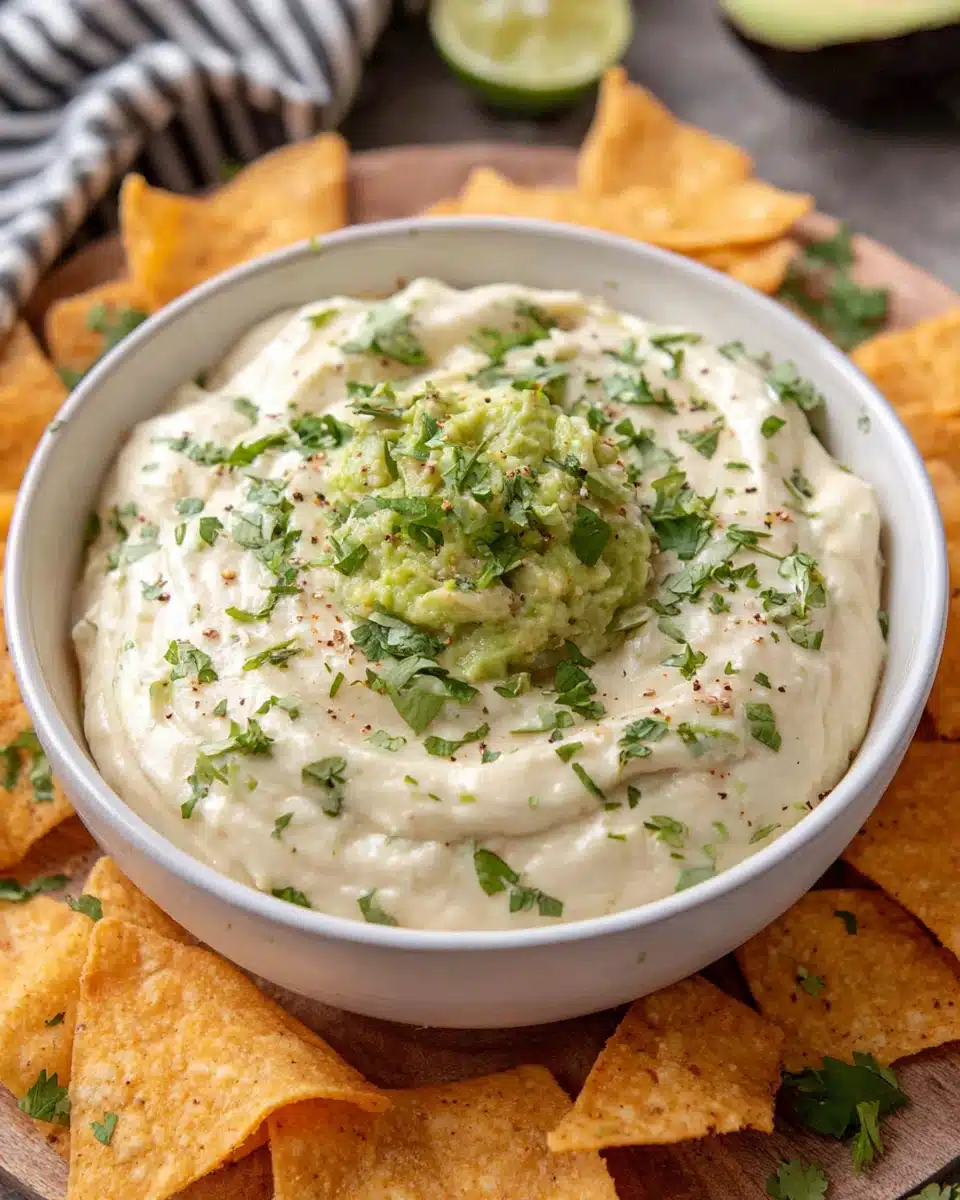 Creamy avocado yogurt dip with cilantro and tortilla chips