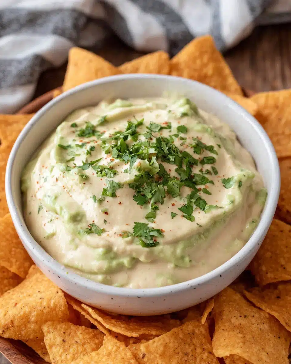 Creamy avocado yogurt dip with cilantro and tortilla chips