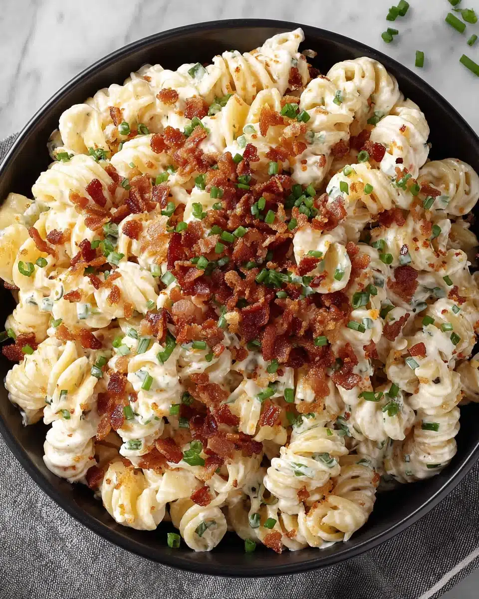 Creamy bacon cheddar ranch pasta salad with crispy bacon and green onions in a black bowl