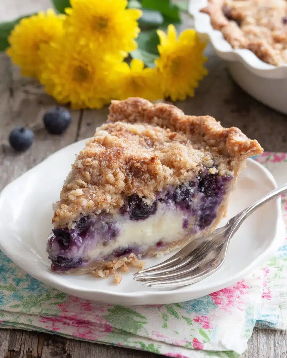 Creamy blueberry pie slice with streusel topping on a white plate
