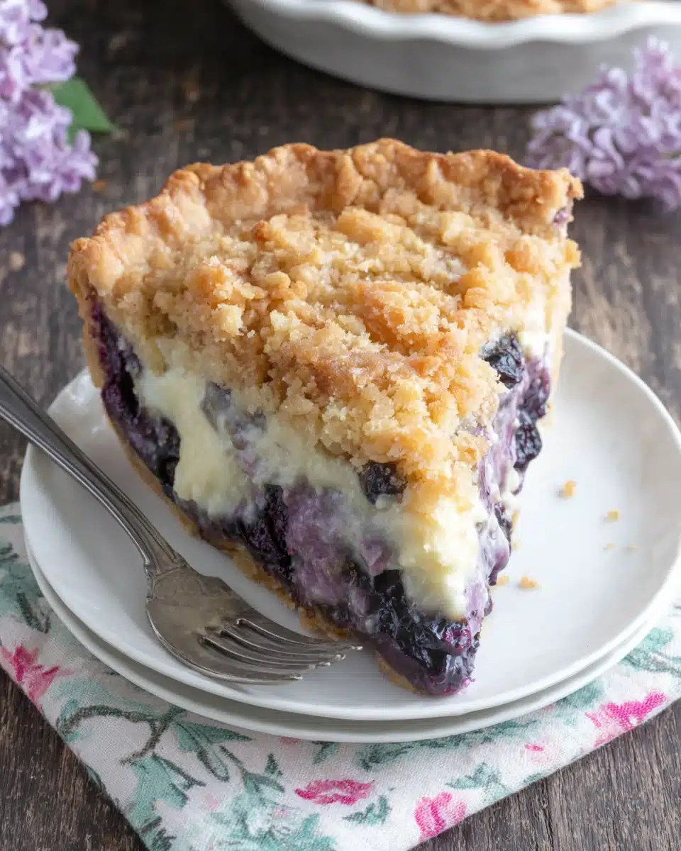 A slice of creamy blueberry pie with streusel topping on a white plate