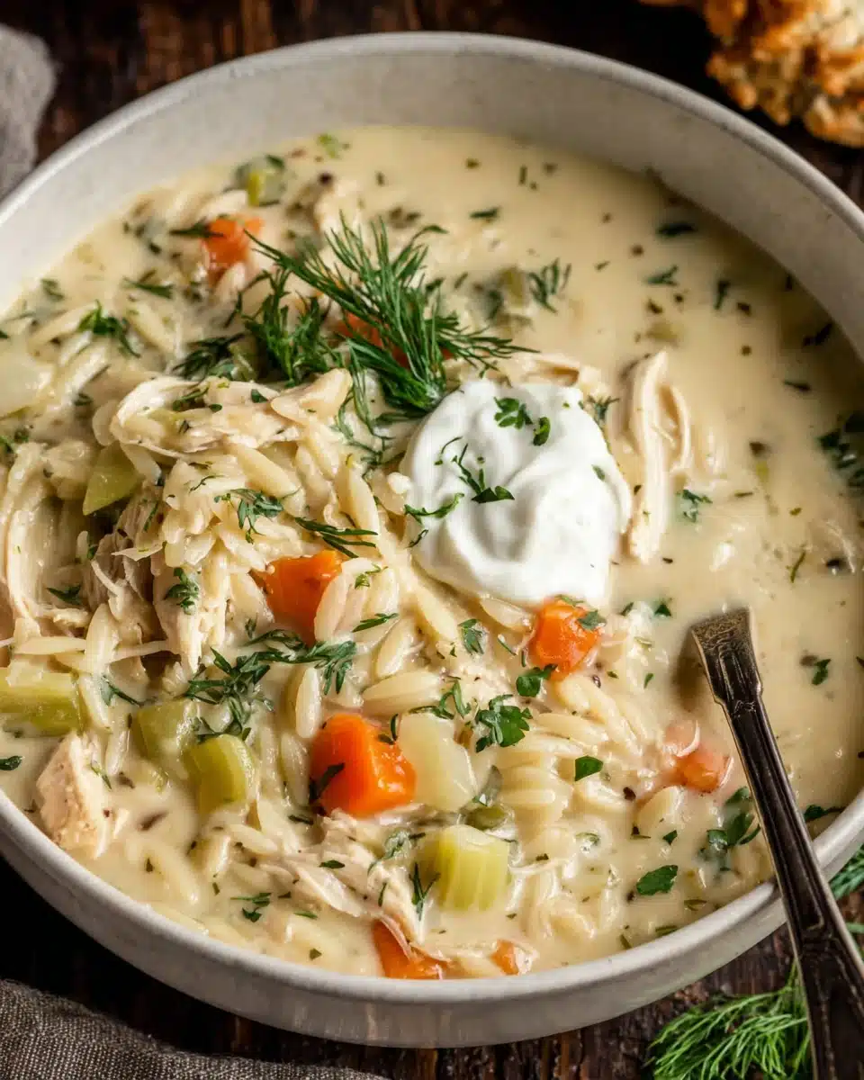 Creamy chicken orzo soup with chicken, carrots, and herbs in a white bowl