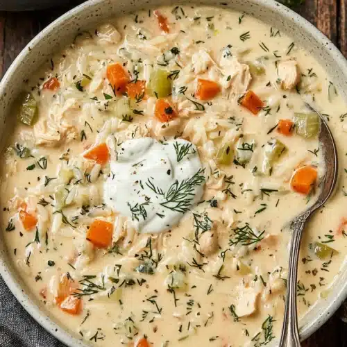 Creamy chicken orzo soup in a white bowl with sour cream and herbs