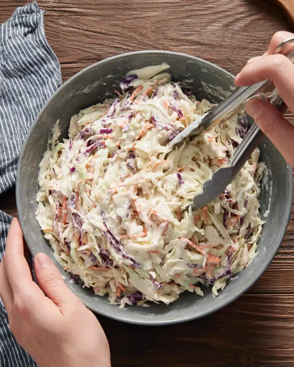 Creamy Coleslaw Recipe Tossed in Bowl Creamy coleslaw being tossed in a bowl with tongs, featuring shredded cabbage and carrots