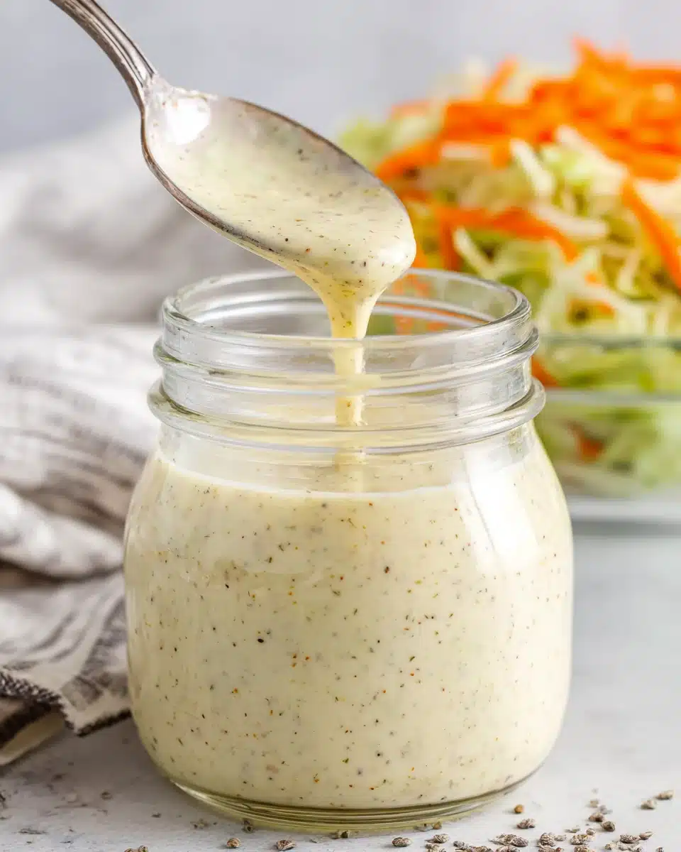 Creamy Coleslaw Salad Dressing in Glass Jar Creamy coleslaw salad dressing in a jar with a spoon, fresh vegetables nearby