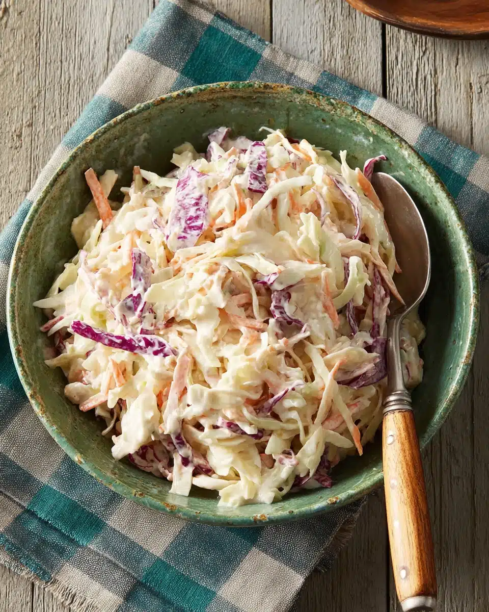 Creamy Coleslaw with Cabbage and Carrots in Green Bowl Creamy coleslaw with shredded cabbage and carrots in a green bowl on a checkered napkin.