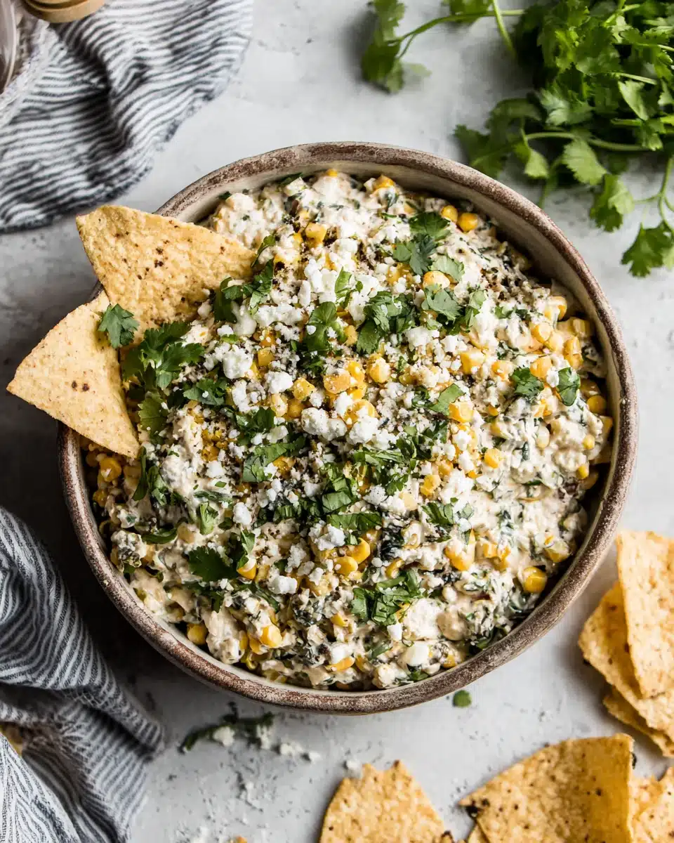 Creamy corn dip recipe in a bowl with tortilla chips and cilantro