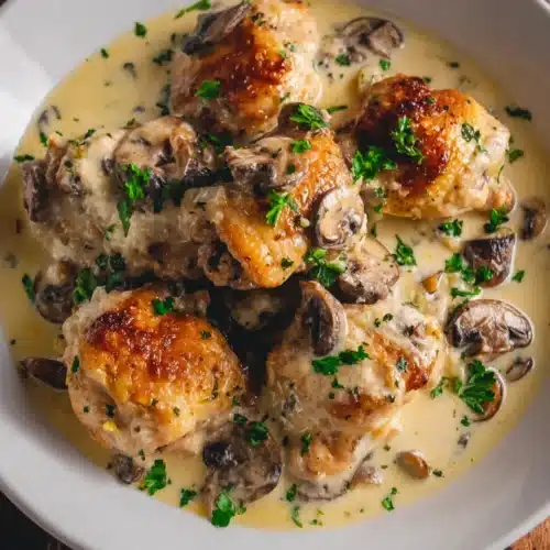 Creamy Garlic Mushroom Chicken Thighs: A Deliciously Indulgent Meal 1 Creamy garlic mushroom chicken thighs in a white bowl, garnished with parsley