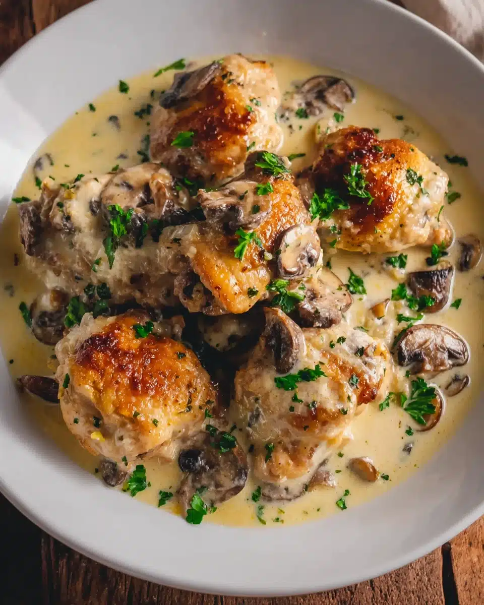 Creamy Garlic Mushroom Chicken Thighs Recipe Creamy garlic mushroom chicken thighs in a white bowl, garnished with parsley