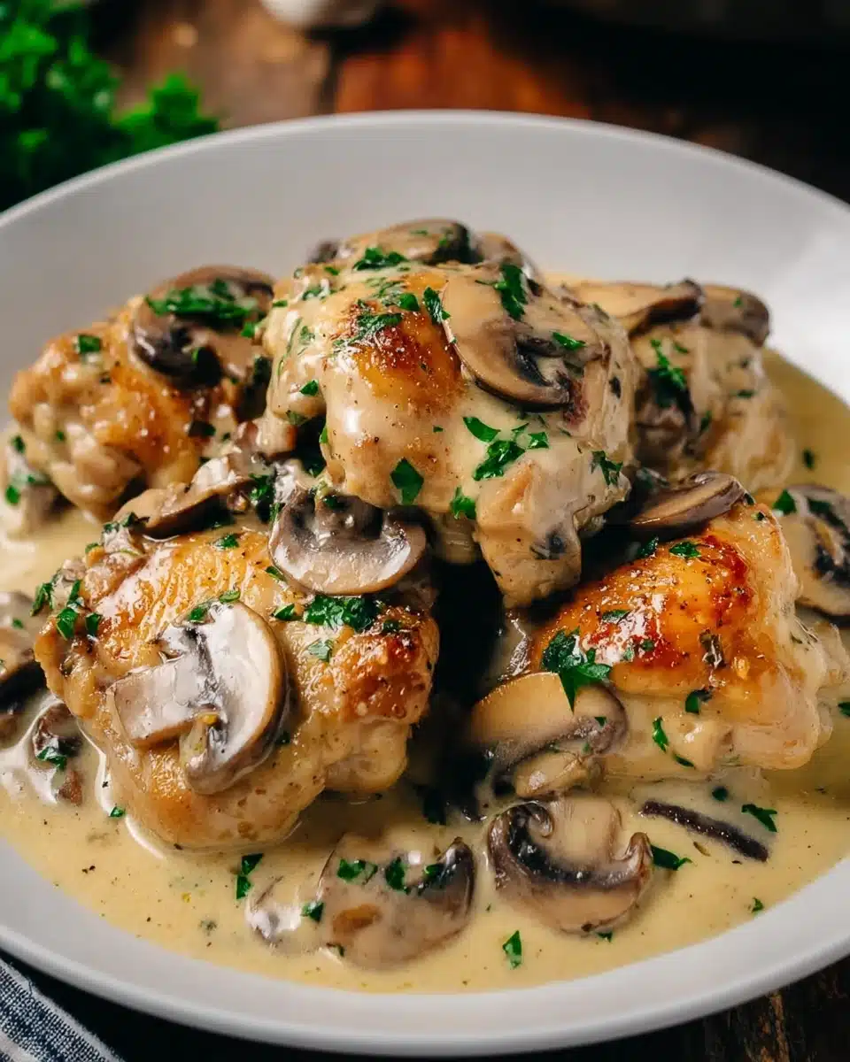 Creamy Garlic Mushroom Chicken Thighs with Fresh Herbs Creamy garlic mushroom chicken thighs in a white bowl, garnished with parsley
