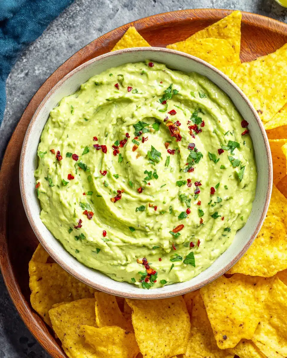 Creamy guasacaca in a white bowl with tortilla chips, garnished with herbs and chili flakes