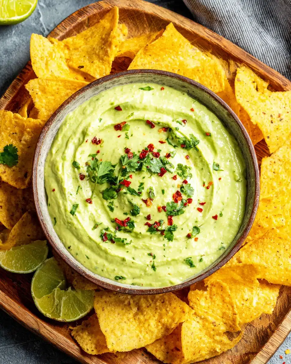 Creamy guasacaca in a white bowl with tortilla chips, garnished with herbs and chili flakes