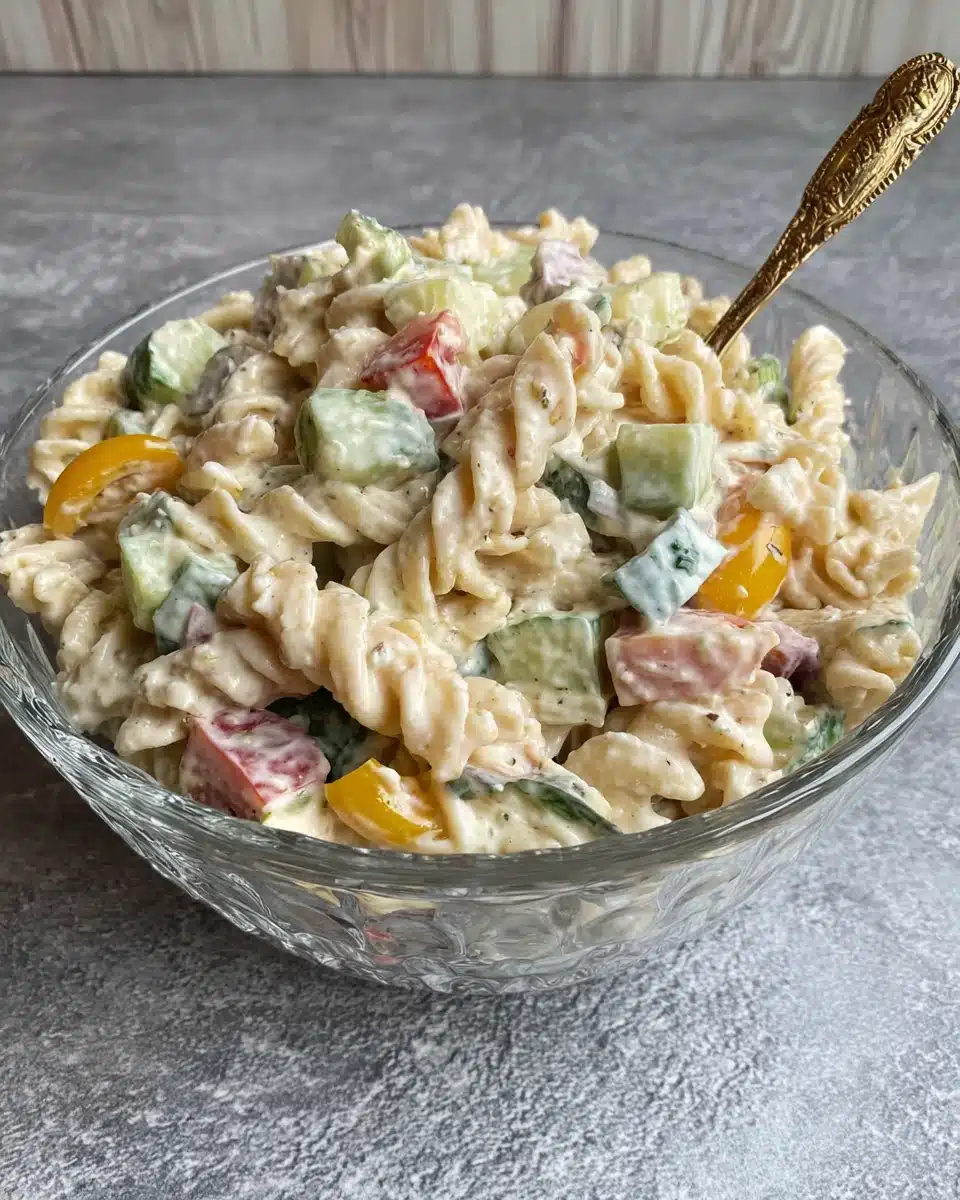 Creamy pasta salad with garden rotini, cucumbers, tomatoes, and bell peppers in a glass bowl.