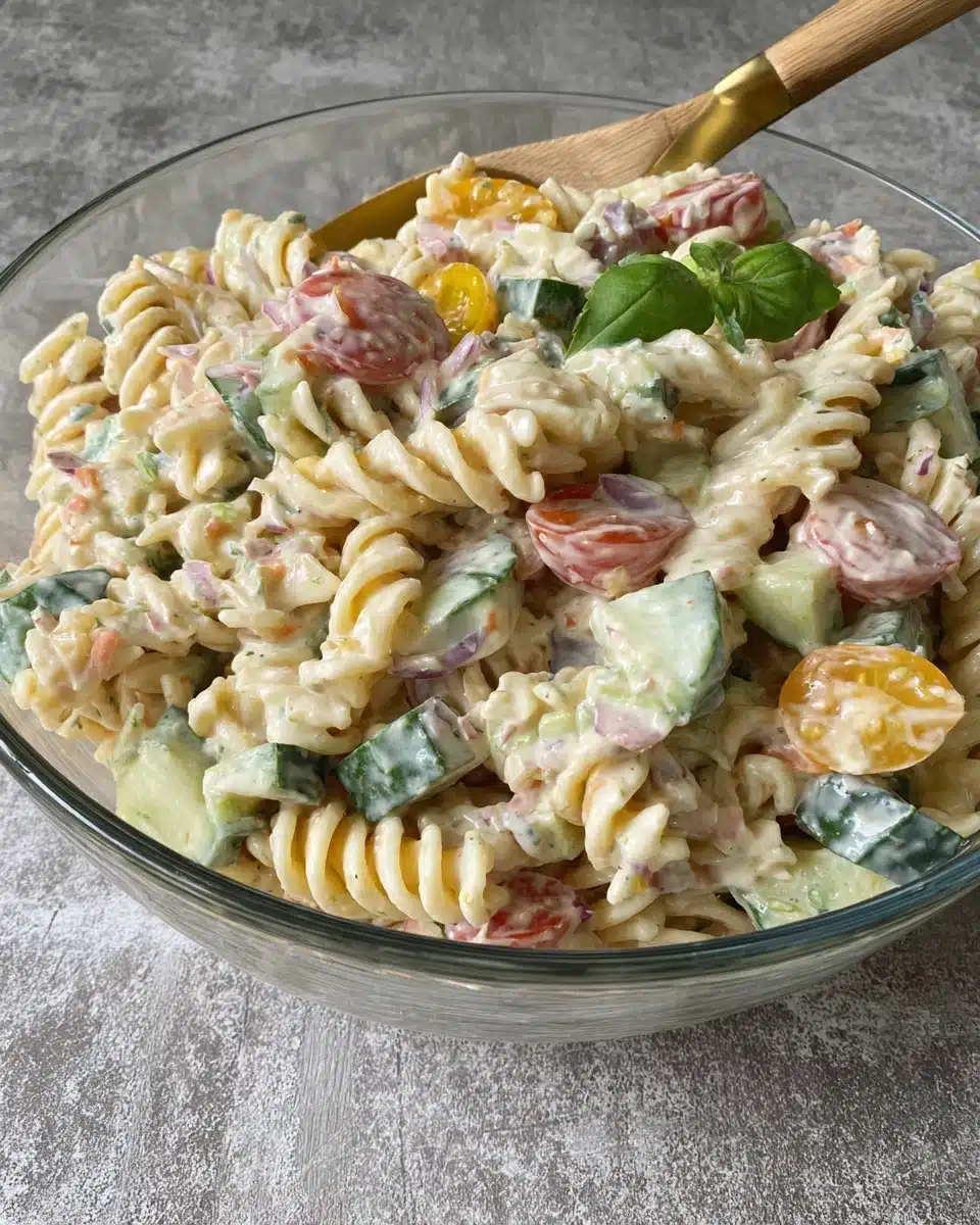 Creamy pasta salad with garden rotini, cucumbers, tomatoes, and bell peppers in a glass bowl
