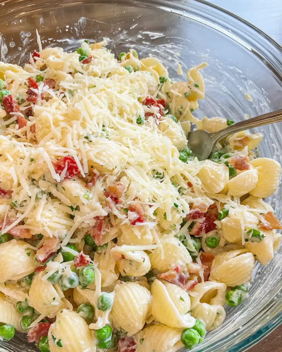 Creamy Pea and Bacon Pasta Salad with Parmesan Cheese Creamy pea and bacon pasta salad with shredded Parmesan cheese in a glass bowl