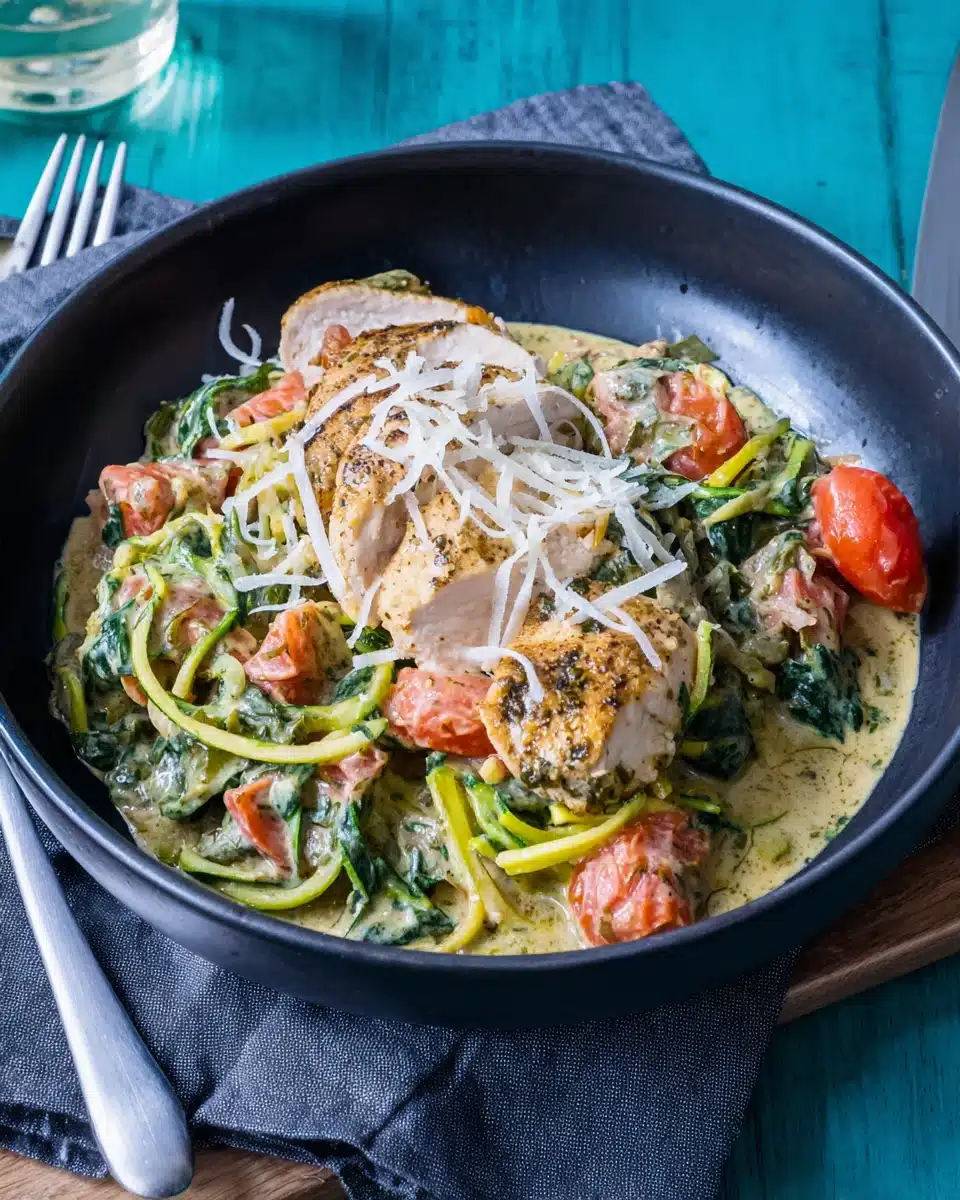 Creamy spinach tomato chicken with zoodles in a black bowl, topped with Parmesan.