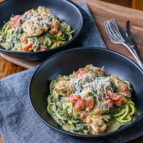 Creamy spinach tomato chicken with zoodles served in black bowls with Parmesan garnish