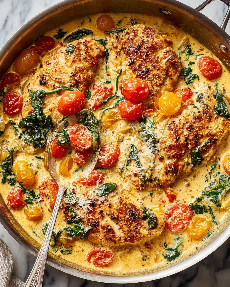 Creamy Tuscan chicken with spinach and tomatoes in a skillet