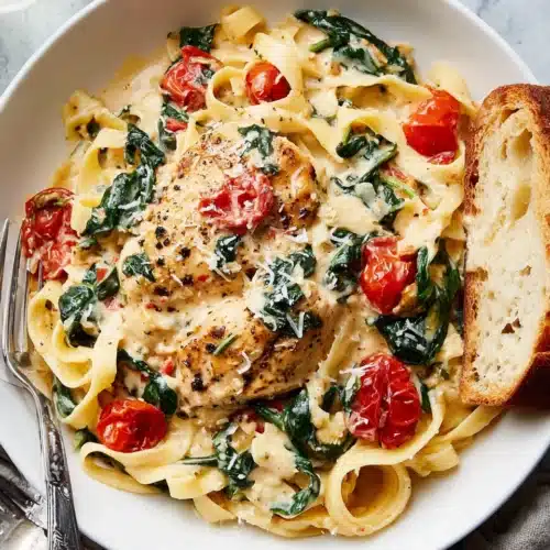 Creamy Tuscan chicken with spinach and tomatoes on fettuccine, served in a white bowl