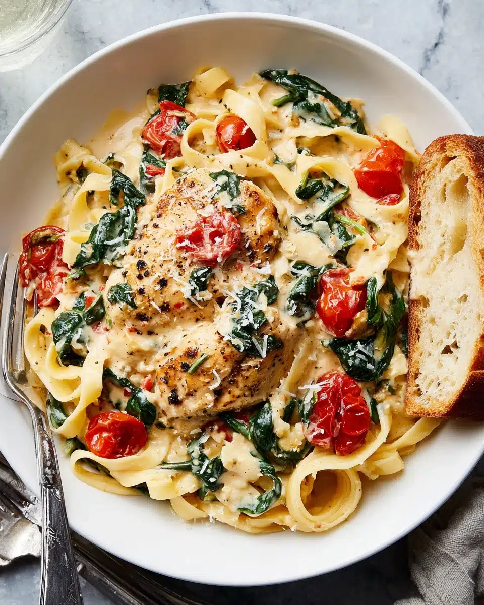Creamy Tuscan chicken with spinach and tomatoes on fettuccine, served in a white bowl