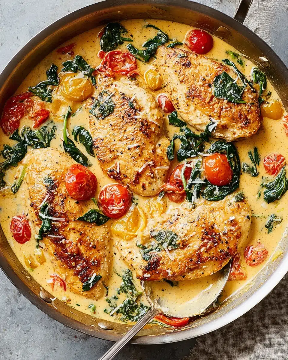 Creamy Tuscan chicken with spinach and tomatoes in a skillet