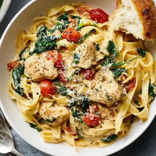 Creamy Tuscan chicken with pasta, tomatoes, and spinach in a white bowl