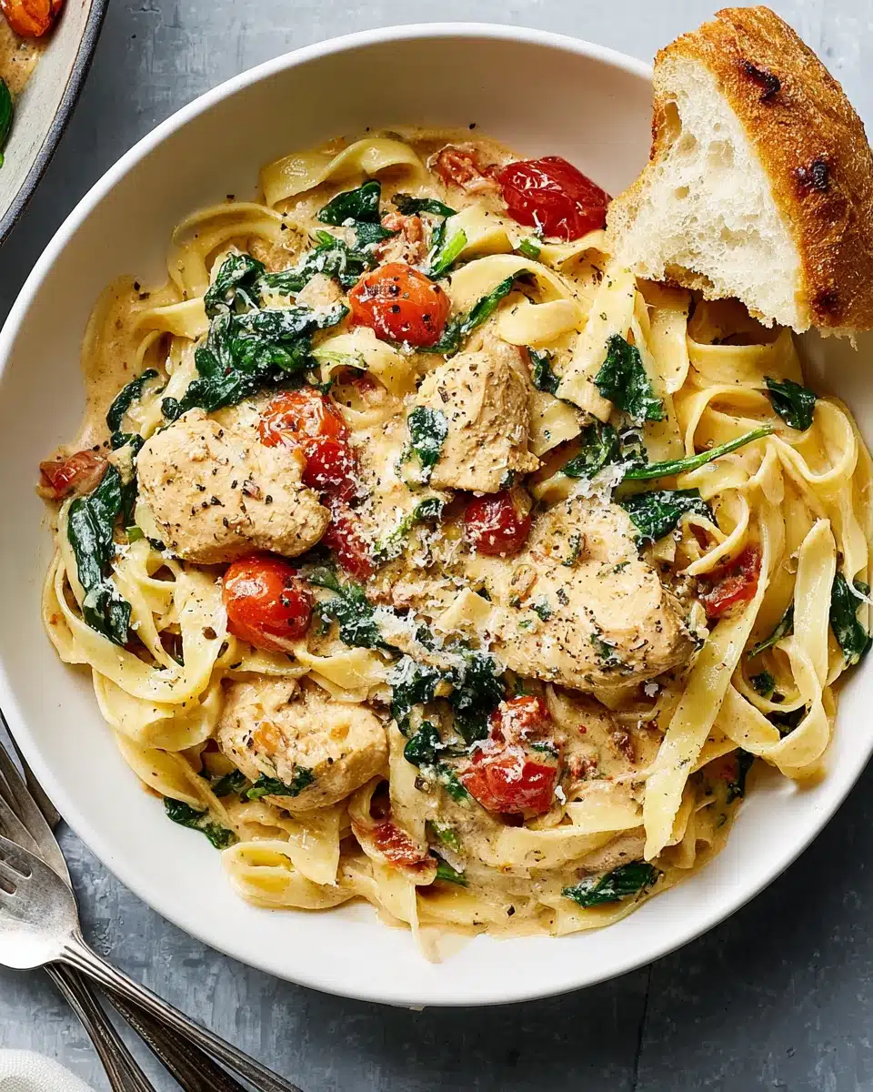 Creamy Tuscan chicken with pasta, tomatoes, and spinach in a white bowl