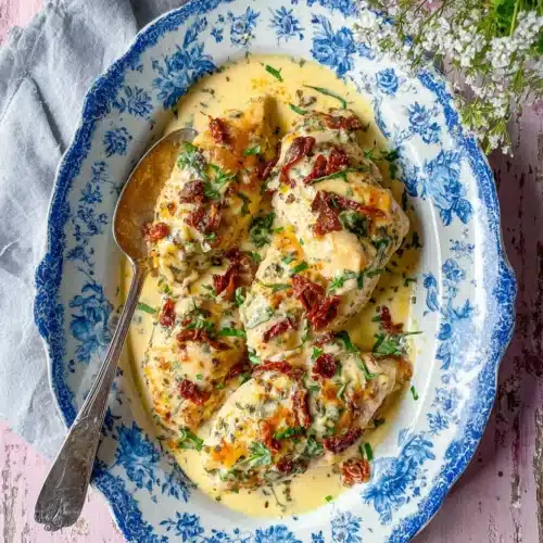 Crock pot marry me chicken with creamy sauce and herbs on a decorative platter