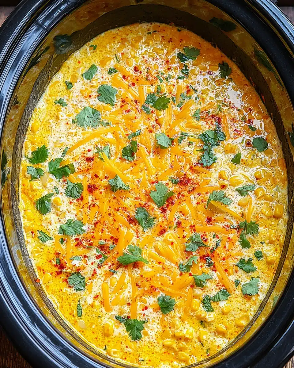Crock Pot Street Corn Dip with Cheese and Cilantro Creamy crock pot street corn dip with cheese and cilantro in slow cooker
