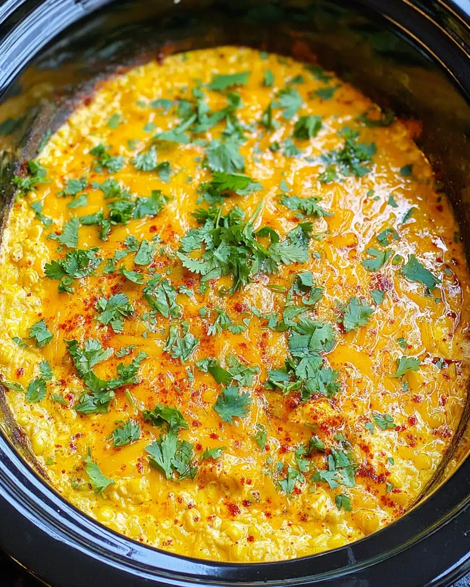 Crock Pot Street Corn Dip with Cheese and Cilantro Creamy crock pot street corn dip with cheese and cilantro in slow cooker