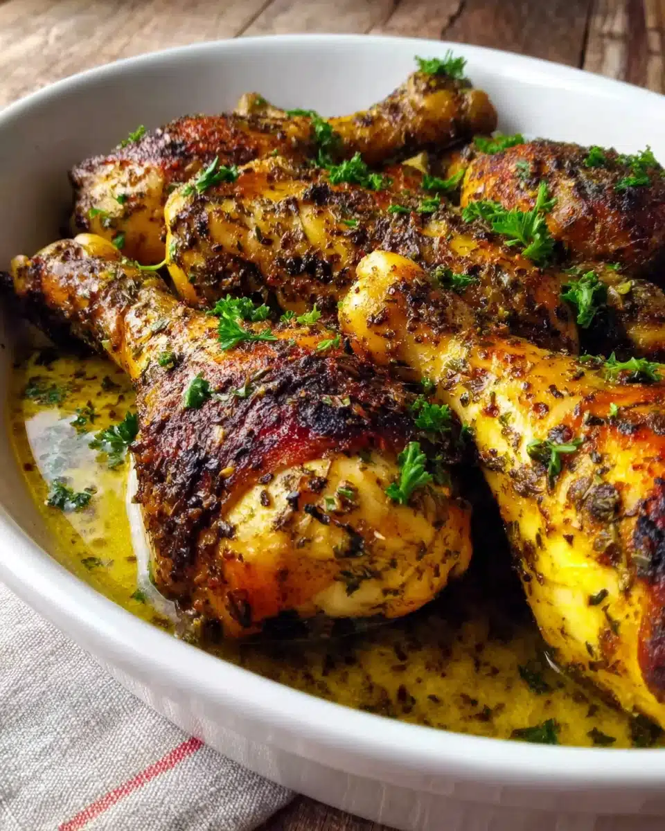 Crockpot Chicken Legs with Crispy Skin and Herb Garnish Crockpot chicken legs with crispy skin and herb seasoning in a white dish