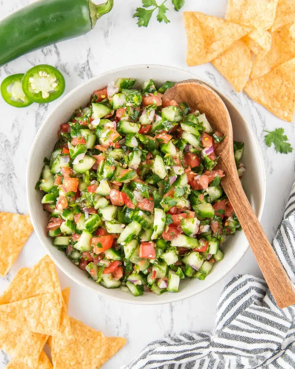 Cucumber Pico de Gallo with Tortilla Chips Fresh cucumber pico de gallo in a white bowl with tortilla chips and jalapeño