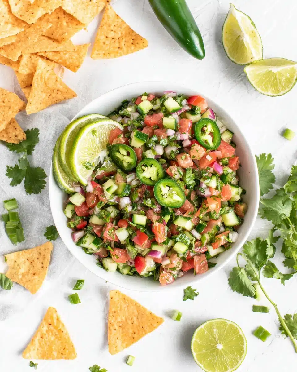 Fresh Cucumber Pico de Gallo with Lime and Jalapeño Cucumber pico de gallo in a white bowl with lime and jalapeño garnish