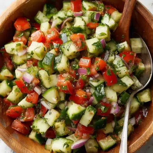 Cucumber Tomato Salad: A Refreshing Delight 1 Fresh cucumber tomato salad with diced vegetables and herbs in a wooden bowl