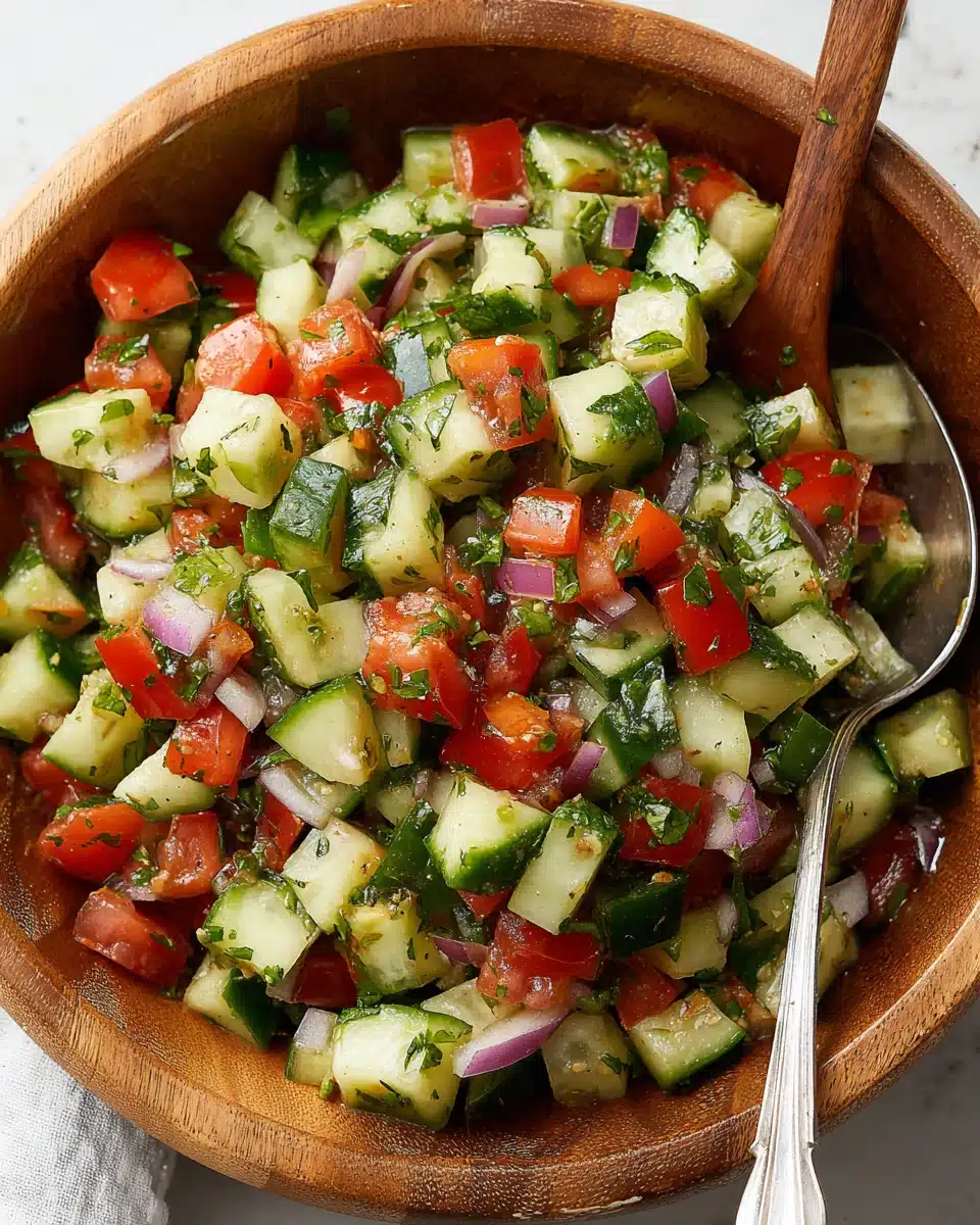 Cucumber Tomato Salad with Fresh Vegetables Fresh cucumber tomato salad with diced vegetables and herbs in a wooden bowl