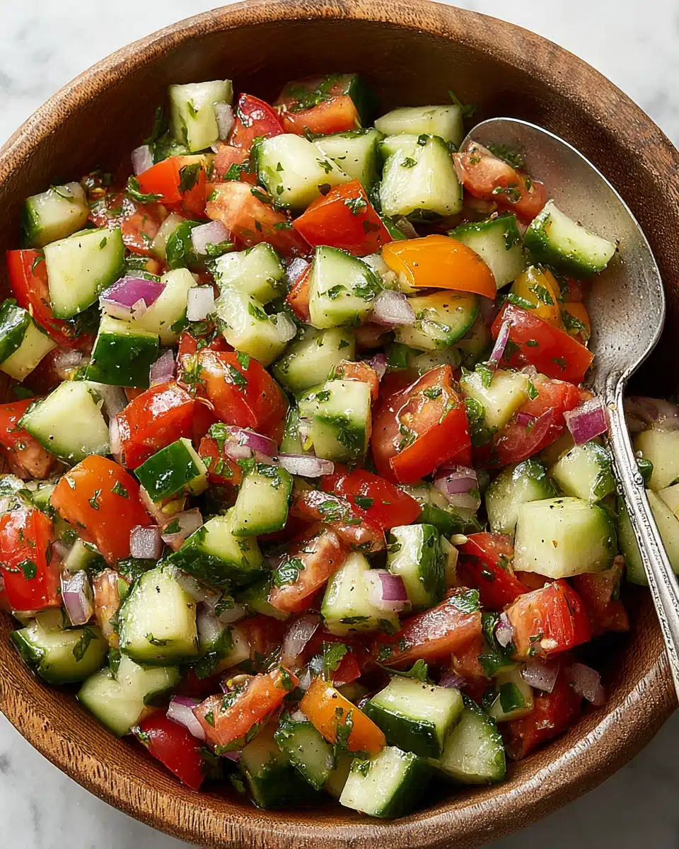 Cucumber Tomato Salad with Fresh Vegetables Fresh cucumber tomato salad with diced vegetables and herbs in a wooden bowl